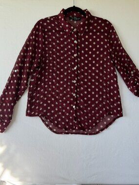 Living Doll LA Sheer Polka Dot Blouse – Maroon/White – Roll‑Tab Sleeve – Size Lg